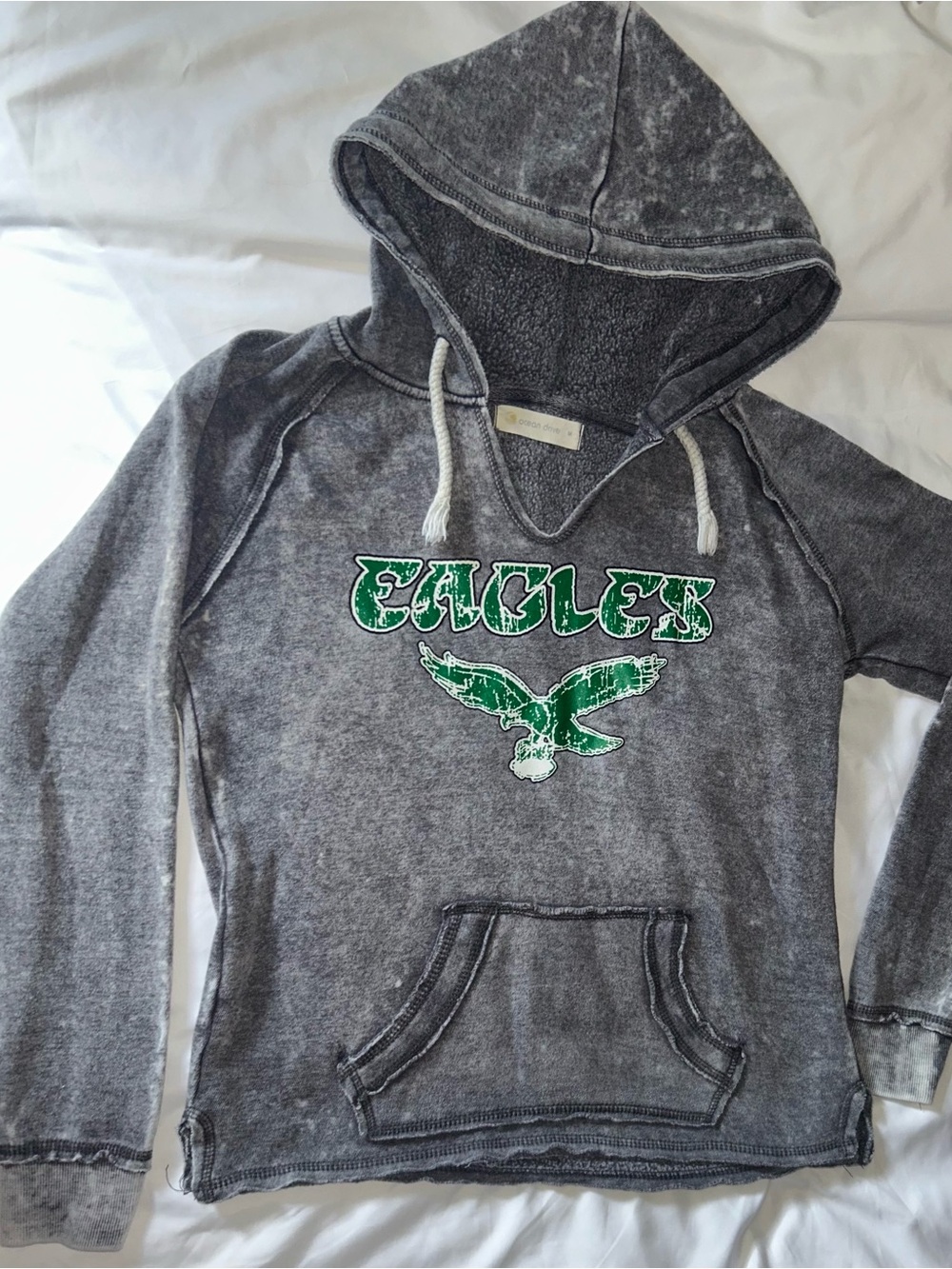 Women’s Gray distressed pullover Hoodie with Green Eagles Graphic